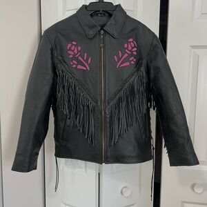 VTG Black Fringe Purple Rose Leather Zip Up Motorcycle Jacket (Size M)